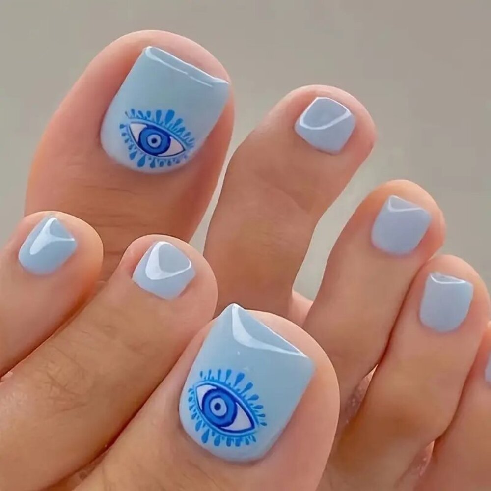 Nails Press On Toenails 24 Evil Third Eye Blue Short Style Fake Glossy Vacation